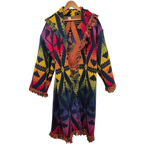 Tapestry Duster Cardigan Double-Sided Vintage Handmade Aztec  Free Size Rainbow - Picture 2 of 5